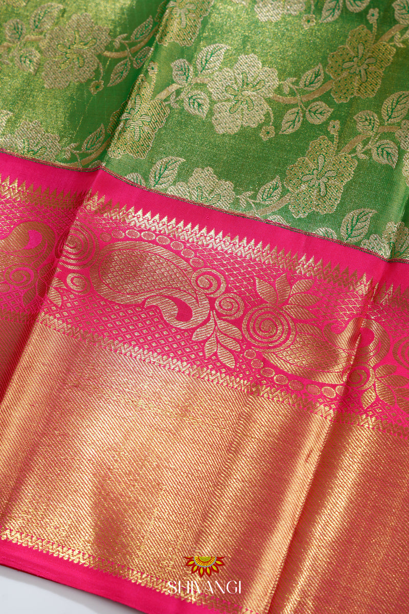 Silk Cotton Pattu Pavadai / Skirt in Green colour with Pink Top - 4 yrs