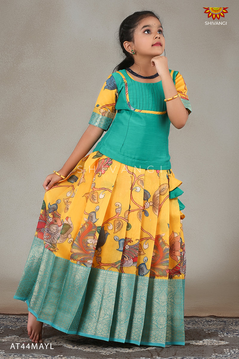 Girls Yellow Kalamkari Peacock Pattu Pavadai