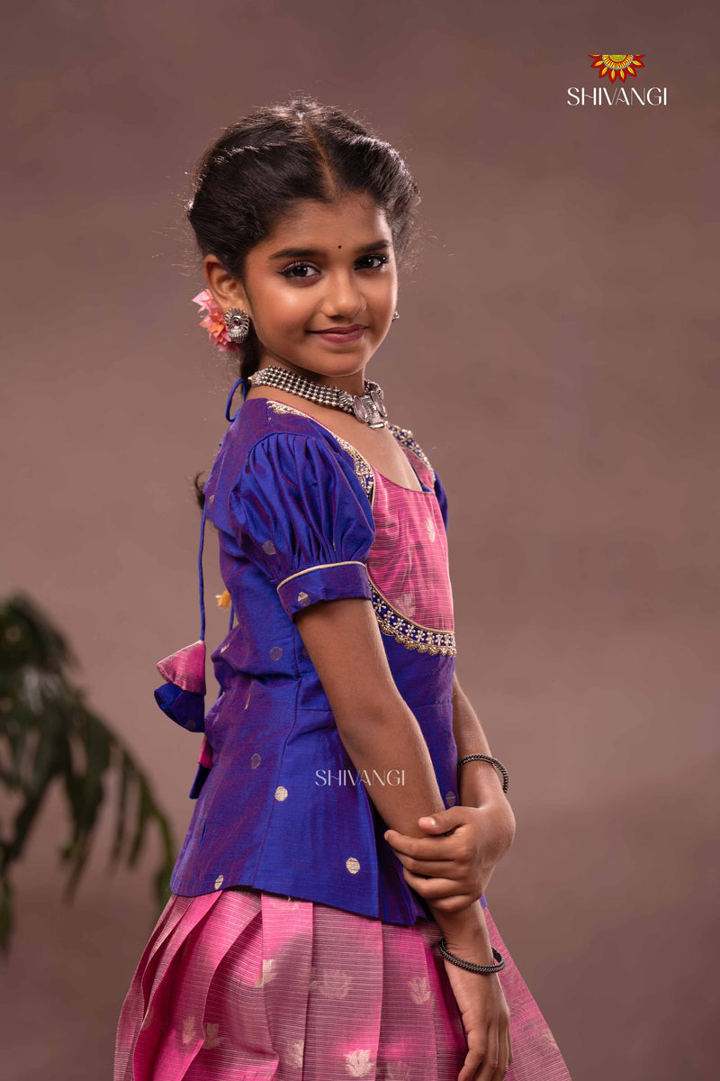 Kids Pattu Pavadai Set – Pink Semi Silk Top with Peacock Green Bridal Silk Skirt | Sri Thulir Tex