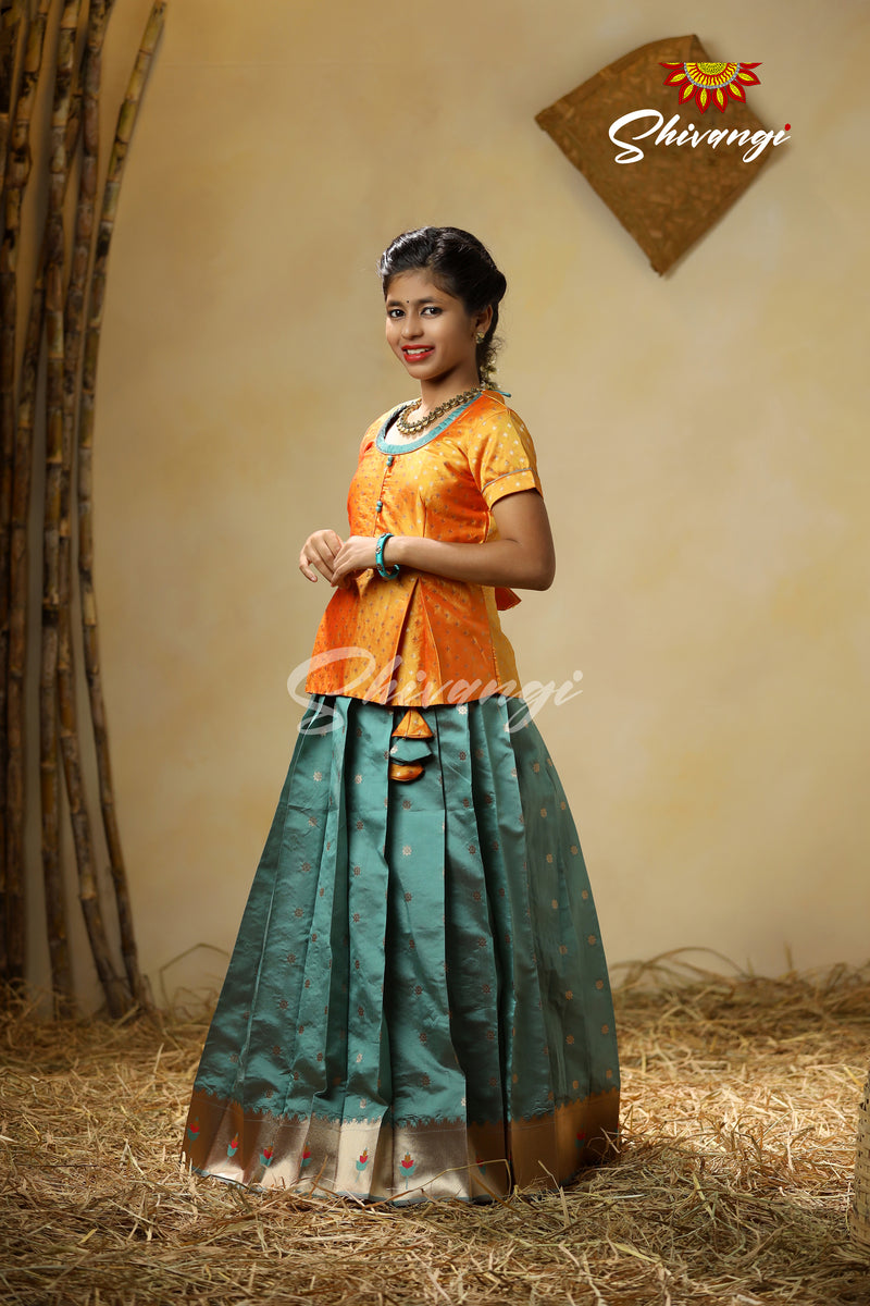Pattu Pavadai Designs In Semi Silk In Green Pepper Flower pattu-pavadai-designs-in-semi-silk-in-green-pepper-flower