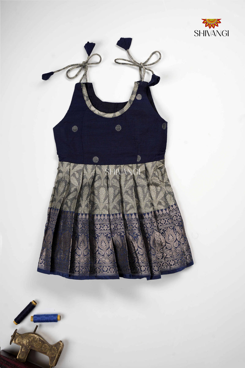 Babyhug Courduroy Frock With Half Sleeves Tropical Fruits Printed Inner Tee - White & Navy