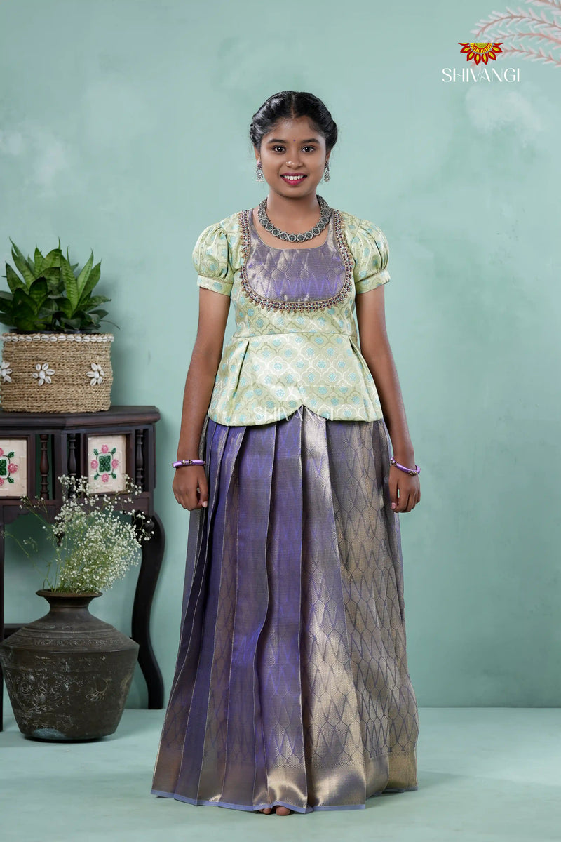 Sky Blue Dancing Star Traditional Pattu Pavadai Set for Girls