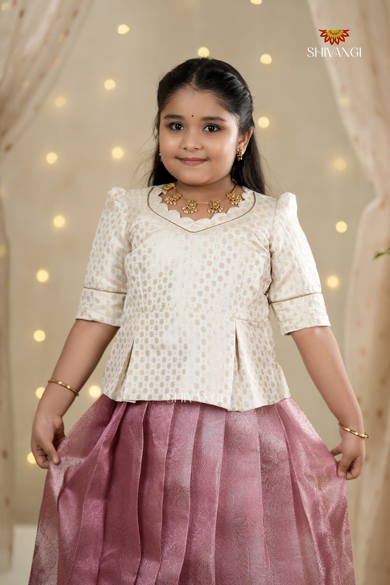 Orange Copper Rose Traditional Pattu Pavadai Set for Girls