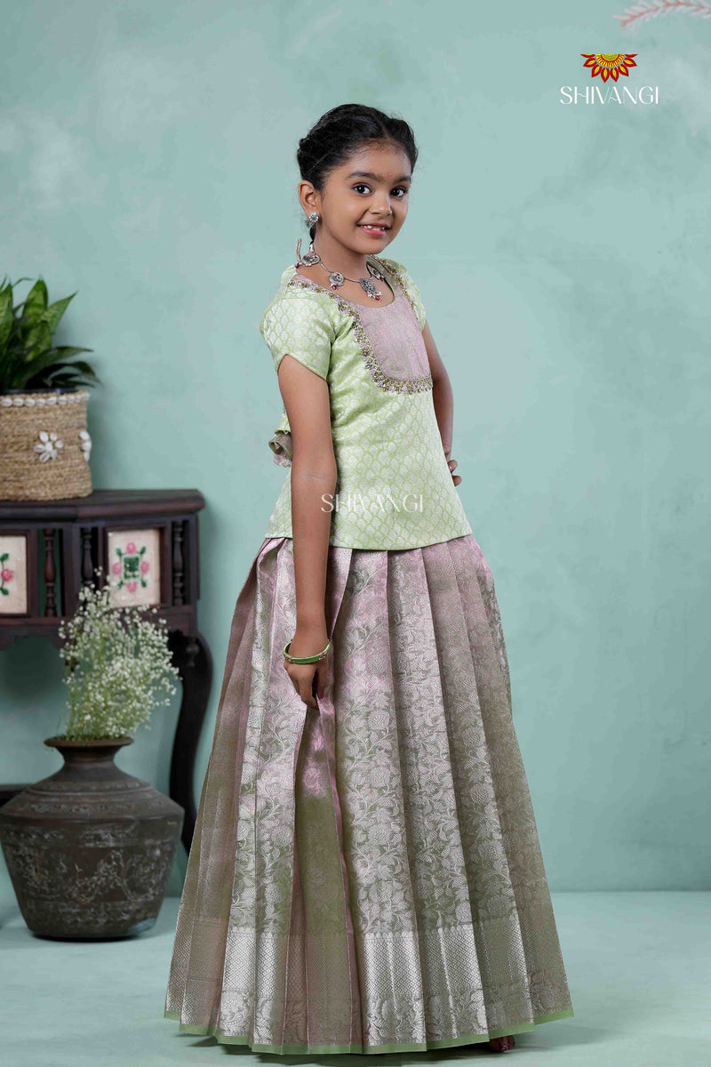 Mustard Yellow Mugil Mozhi Traditional Pattu Pavadai Set for Girls main image 1