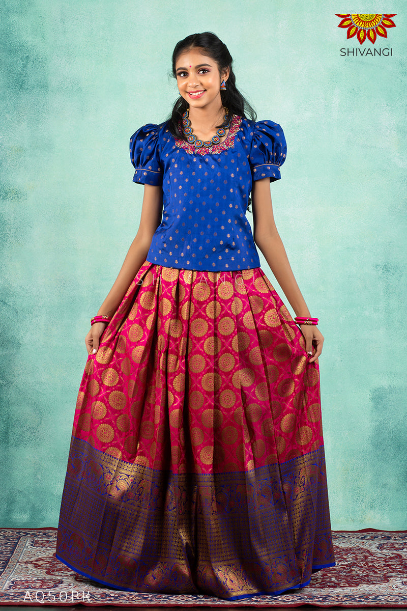 Satin silk pattu langa for teenage girls with EMB work
