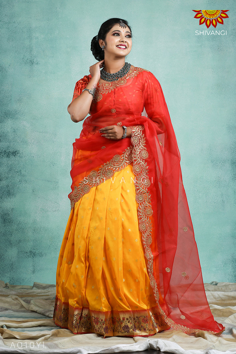 Girls Yellow Silk Paithani Half Saree Langa Davani