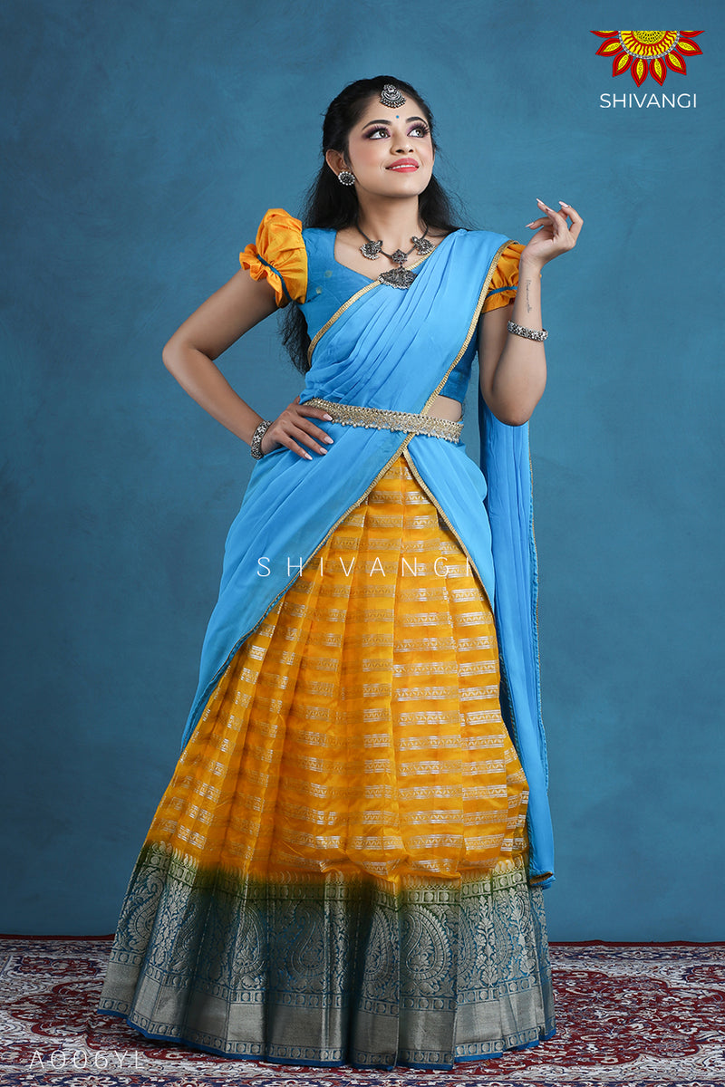 Teenage Girls Yellow Organza Silver Half Saree Langa Davani