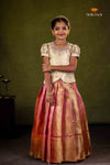 Peach Golden Flame Traditional Pattu Pavadai Set for Girls
