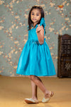 Sky Blue Chanderi Floral Frock For Kids