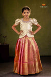 Peach Golden Flame Traditional Pattu Pavadai Set for Girls