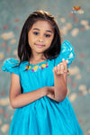 Sky Blue Chanderi Floral Frock For Kids