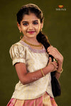 Peach Golden Flame Traditional Pattu Pavadai Set for Girls