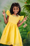 Yellow Chanderi Floral Frock For Kids