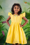 Yellow Chanderi Floral Frock For Kids