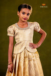 Half White Golden Flame Traditional Pattu Pavadai Set for Girls