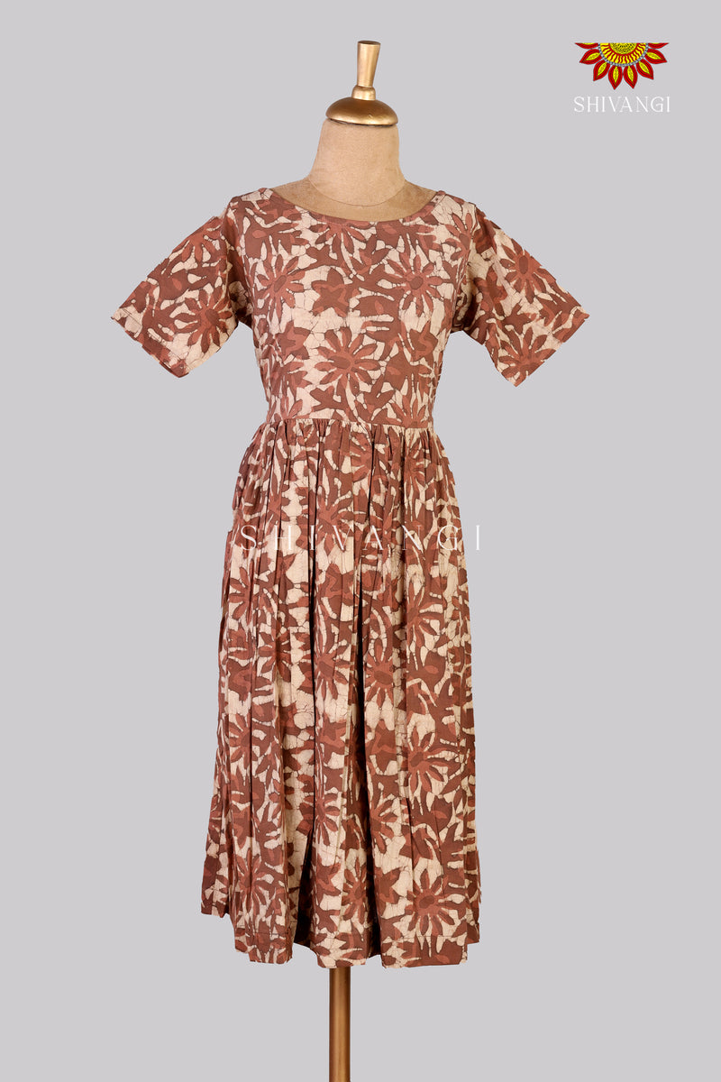Dark Brown Bagru Floral Frock For Kids