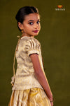 Half White Golden Flame Traditional Pattu Pavadai Set for Girls