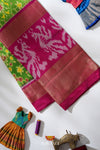 Green Pochampally Silk Pattu Pavadai Unstitched Material For Kids !!!