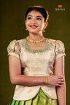 Green Golden Flame Traditional Pattu Pavadai Set for Girls