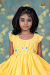 Yellow Chanderi Floral Creeper Frock For Kids