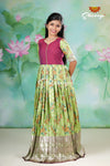 Green Elbow Sleeve Satin Rose Bunch Long Gown For Girls