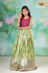 Green Elbow Sleeve Satin Rose Bunch Long Gown For Girls