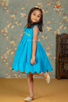 Sky Blue Chanderi Floral Creeper Frock For Kids