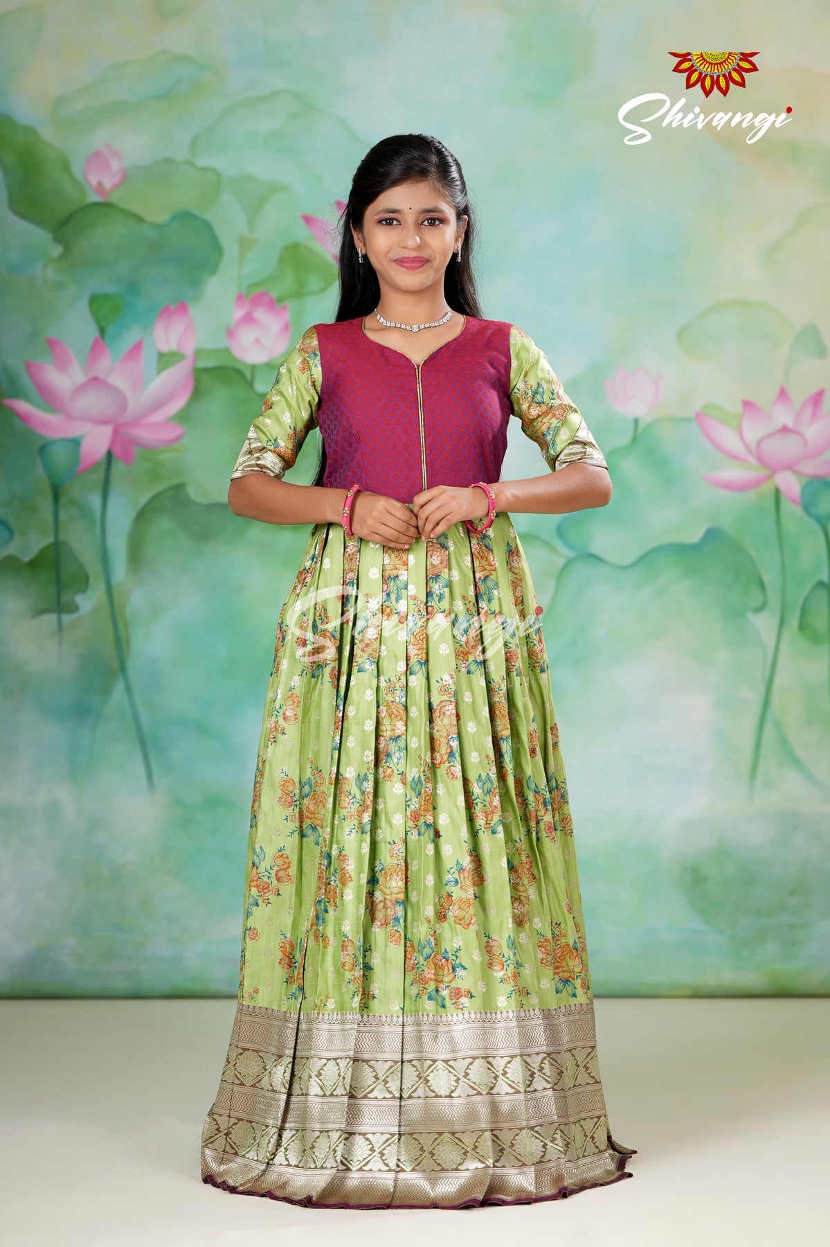 Short Sleeve Green Floral Moroccan Long Gown For Girls !!! main image 0