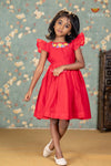 Red Chanderi Floral Frock For Kids