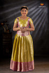 Yellow Silver Stone Traditional Pattu Pavadai Set for Girls