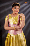 Yellow Silver Stone Traditional Pattu Pavadai Set for Girls