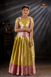 Yellow Silver Stone Traditional Pattu Pavadai Set for Girls