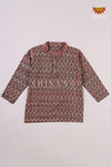 Boys Brown With Green Ikkat Cotton Kurta 3/4th Sleeve