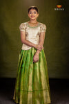 Green Golden Flame Traditional Pattu Pavadai Set for Girls