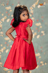 Red Chanderi Floral Frock For Kids