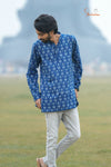 Navy Blue Cotton Ikat Kurta For Boys