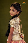 Peach Golden Flame Traditional Pattu Pavadai Set for Girls