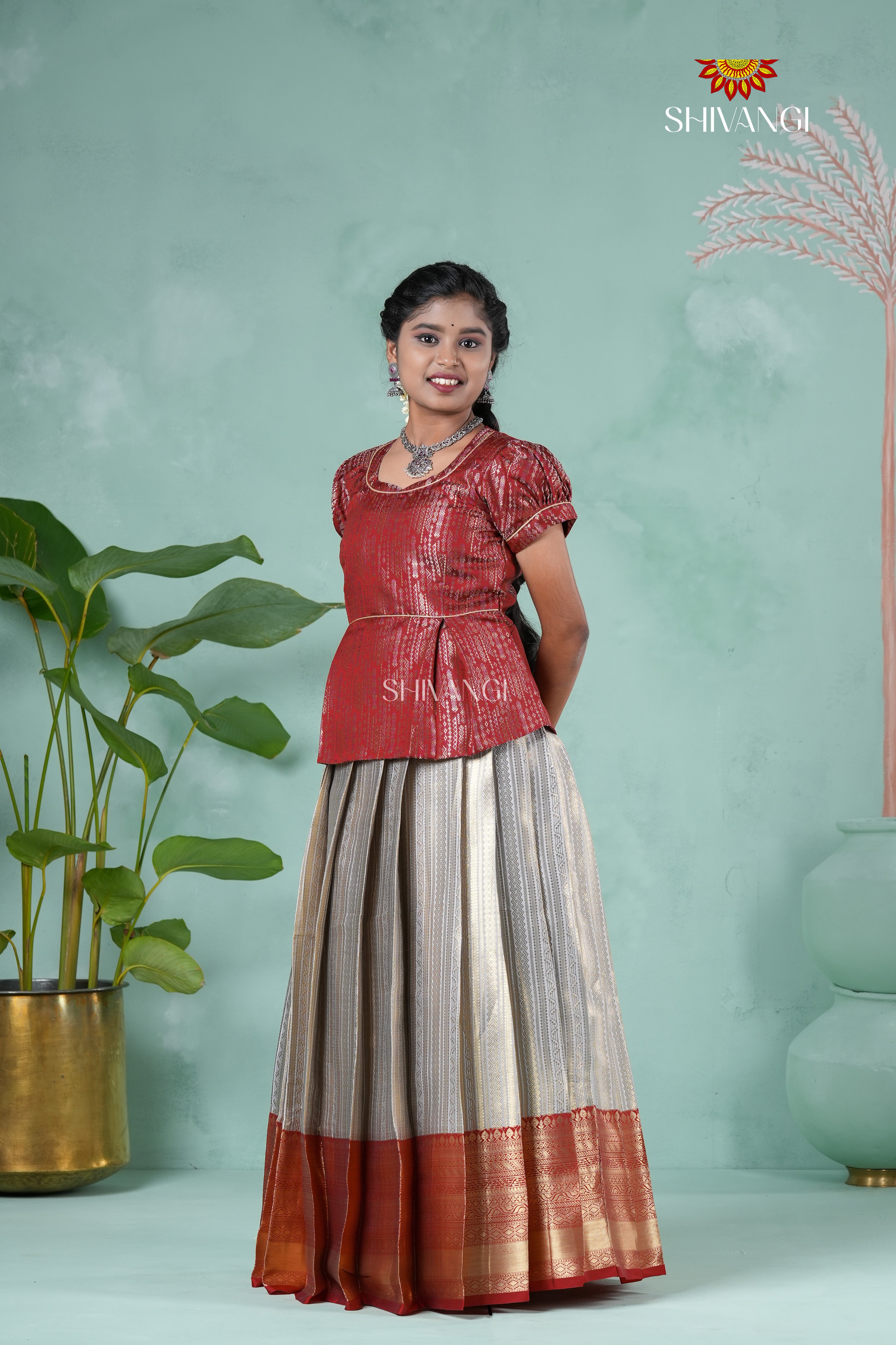 Pavada Rop Thread Pongal Collection - Grey Golden String Traditional Pattu Pavadai For G