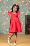 Red Chanderi Floral Frock For Kids