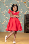 Red Chanderi Floral Frock For Kids