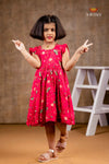 Red Chanderi Lotus Frock For Kids