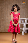 Red Chanderi Lotus Frock For Kids
