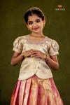 Peach Golden Flame Traditional Pattu Pavadai Set for Girls