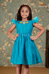 Sky Blue Chanderi Floral Frock For Kids