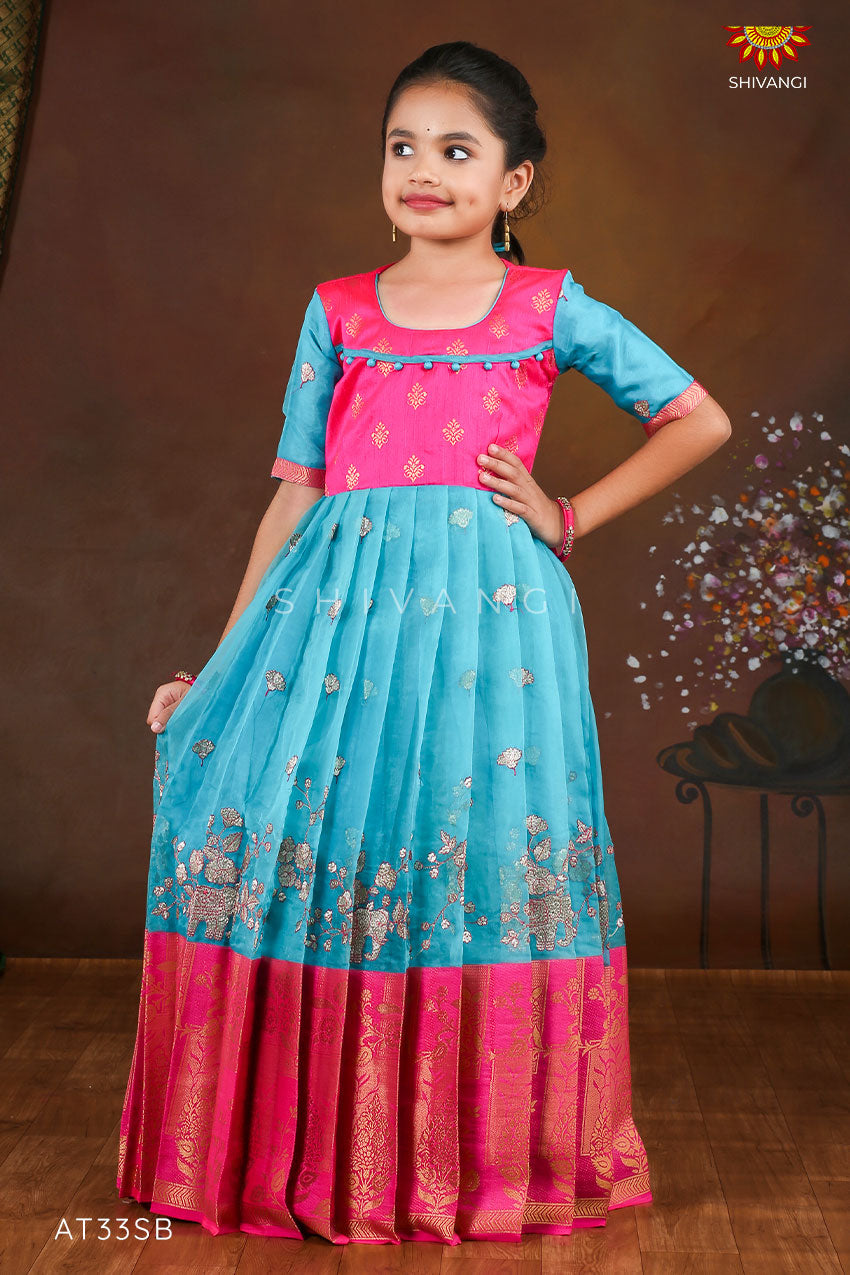 Sky Blue Organza Elephant Border Long Gown For Girls !!! Years