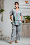 Teal Blue Cotton Night Wear Set For Women 