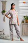 Blue And Pink Floral Print Cotton Night Wear Set For Women