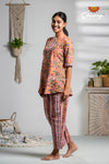 Orange floral Cotton Night Wear Set For Women