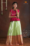 Green Paisley Peacock Pattu Pavadai For Girls - Festive Wear!!!