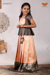 Festive Collection - Peach Banarasi Jacquard Pavadai Set For Kids
